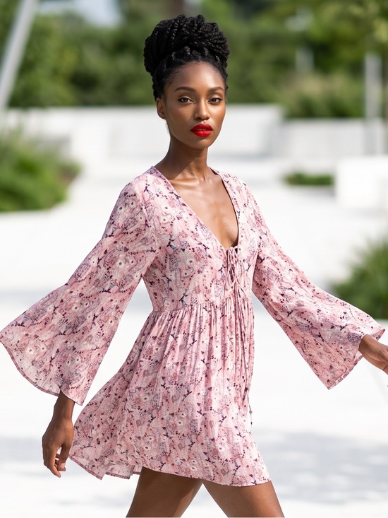 Source Unknown Dresses & Skirts - Bohemian dress, pink w/ tiny floral print, deep lace-up V neck, bell sleeves. S